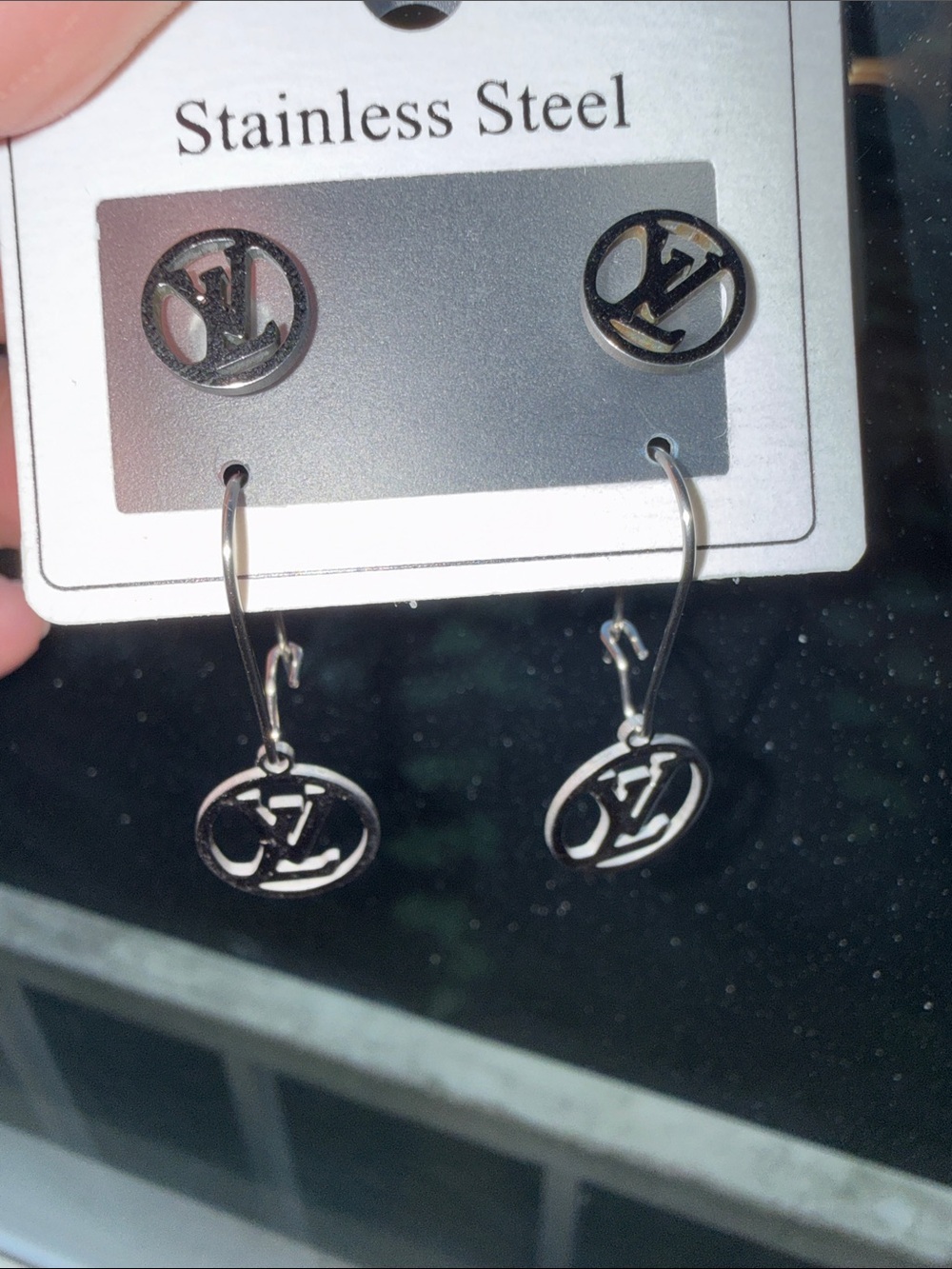 Silver Tome Stainless Steel LV Monogram Studs and Dangle  Earrings Set